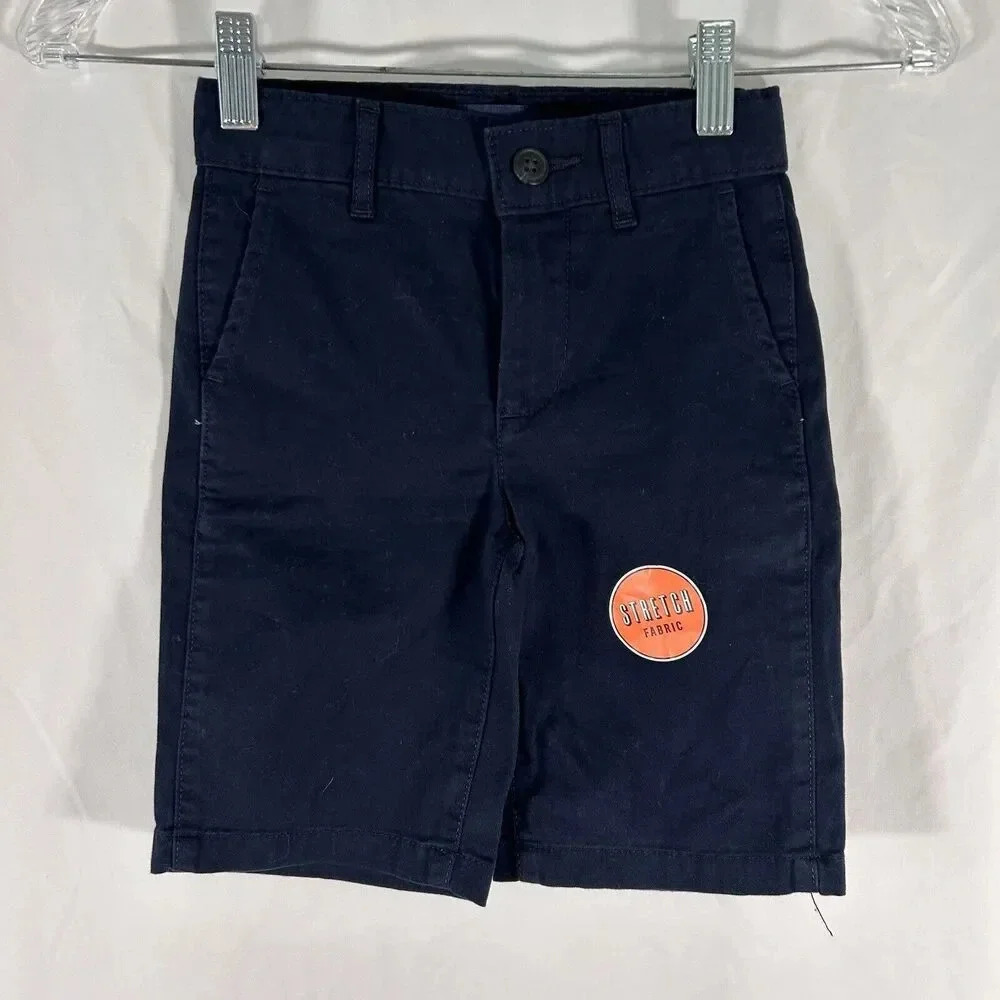 Place Shorts Boys 6 Navy Blue Slim Stretch Fabric Cotton Blend Button Zip